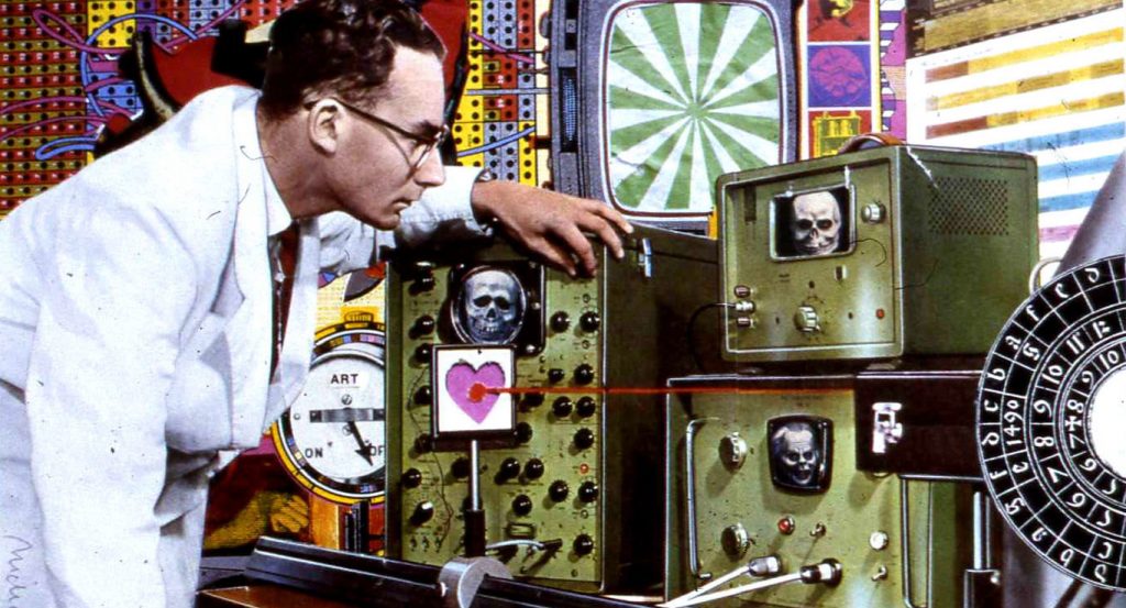 A collage of a scientist staring at computer screens
