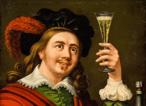 A painting of a man holding a champagne glass