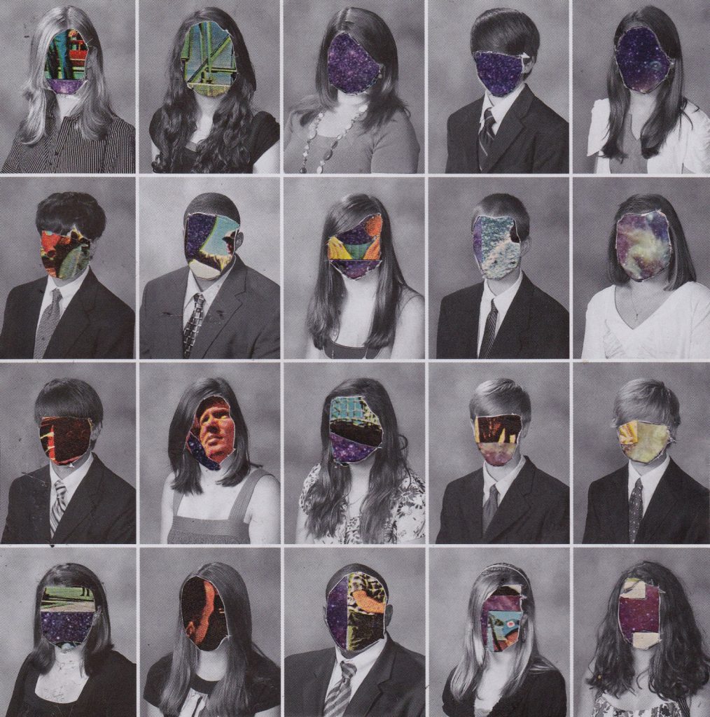 A collage of people with their faces covered