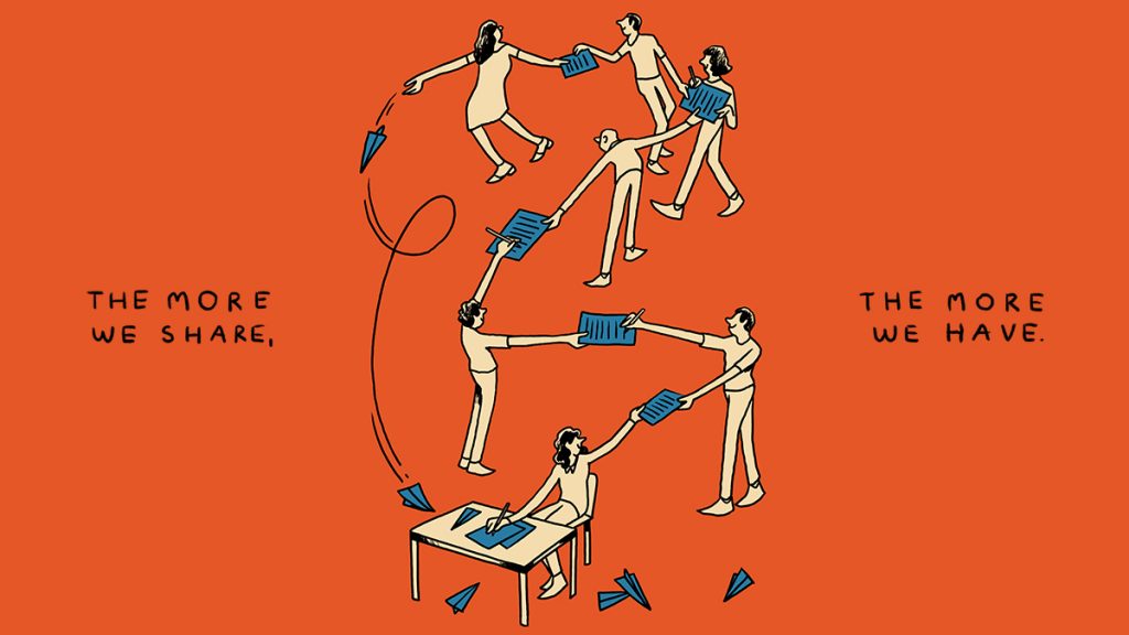 An illustration of a chain of yellowish cartoon people passing blue pages hand-to-hand, with some writing on the pages as they pass, as blue paper airplanes fly down, surrounded by the text: 
