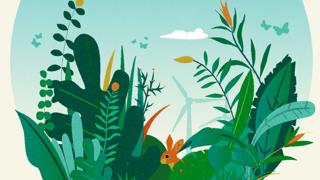 Animated leaves, grass, a rabbit and windmills in the background.