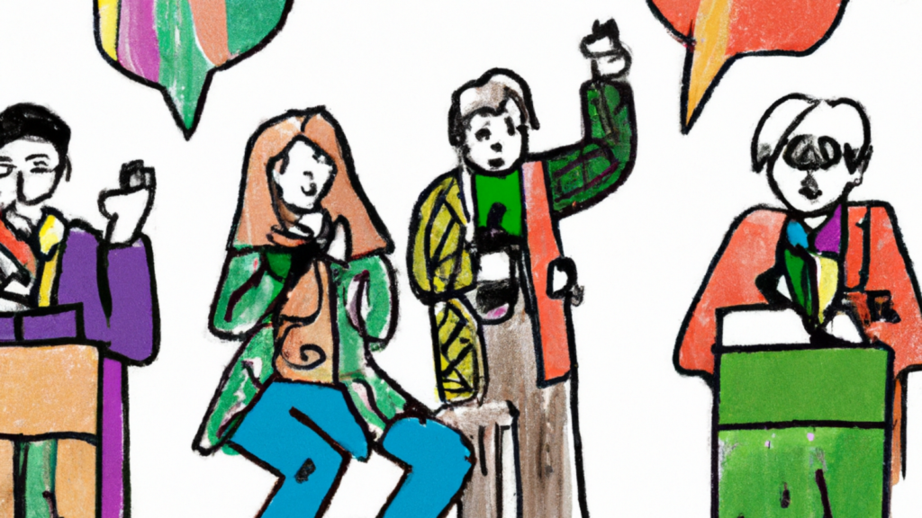 A photo of people attending a talk at a conference, bright colors, cartoon style.