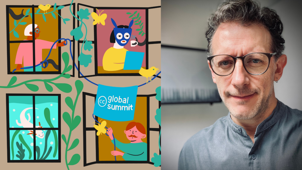 A headshot of Francisco J. Rivas Mesa, smiling in front of an artwork on a wall and wearing eyeglasses and a gray top, to the right of a colorful illustration of a wall of windows, each revealing a different human or animal doing some activity, on a building decorated with a light blue CC Global Summit banner hanging from a slender blue line, surrounded by yellow butterflies and birds and green vines and plants.