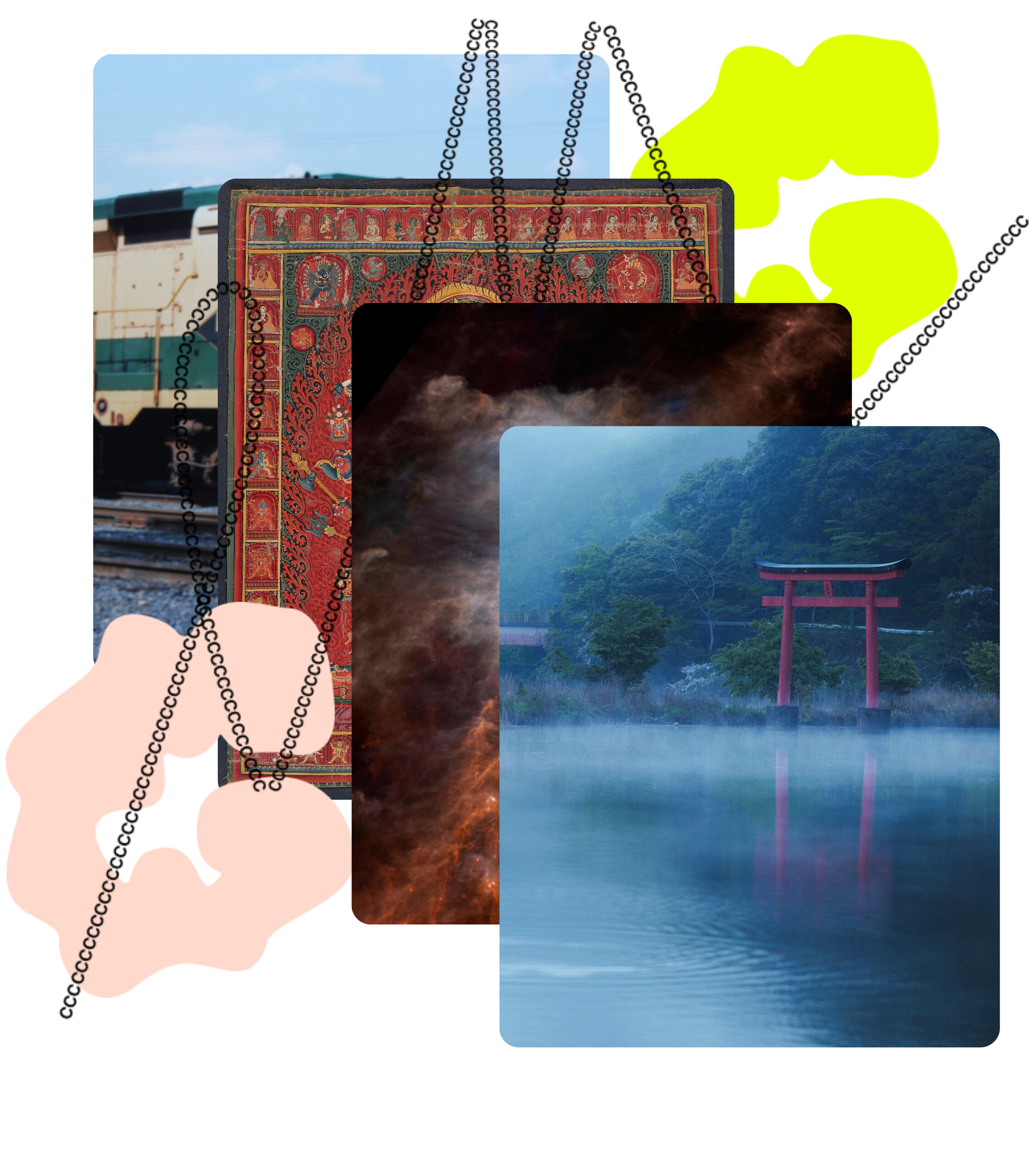 Four photos, one of a train, a painting of Chakrasamvara, Orion, and a torii gate over a misty lake, are layered with two large colorful C's and an abstract line of black C's, as part of Creative Commons' visual brand