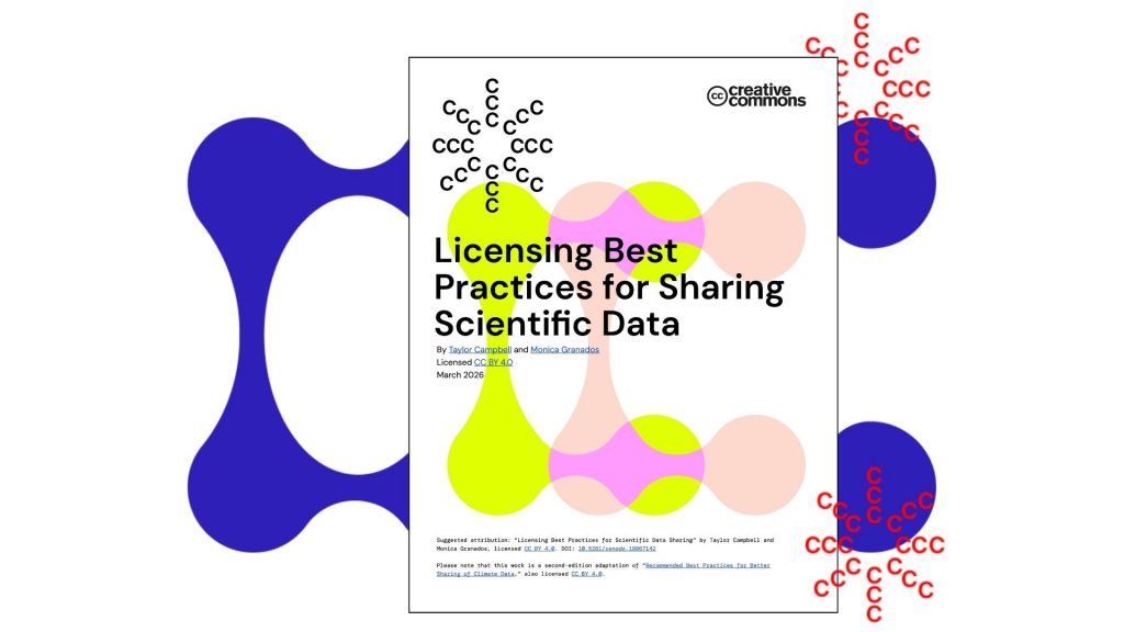 The cover of the report Licensing Best Practices for Sharing Scientific Data with a dark-blue blog and stars made of C's as part of CC's visual brand.
