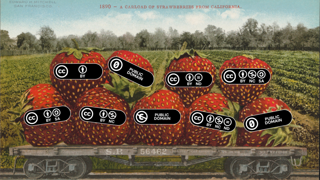 A painting of a train car carrying giant strawberries, each strawberry marked with a CC license badge.