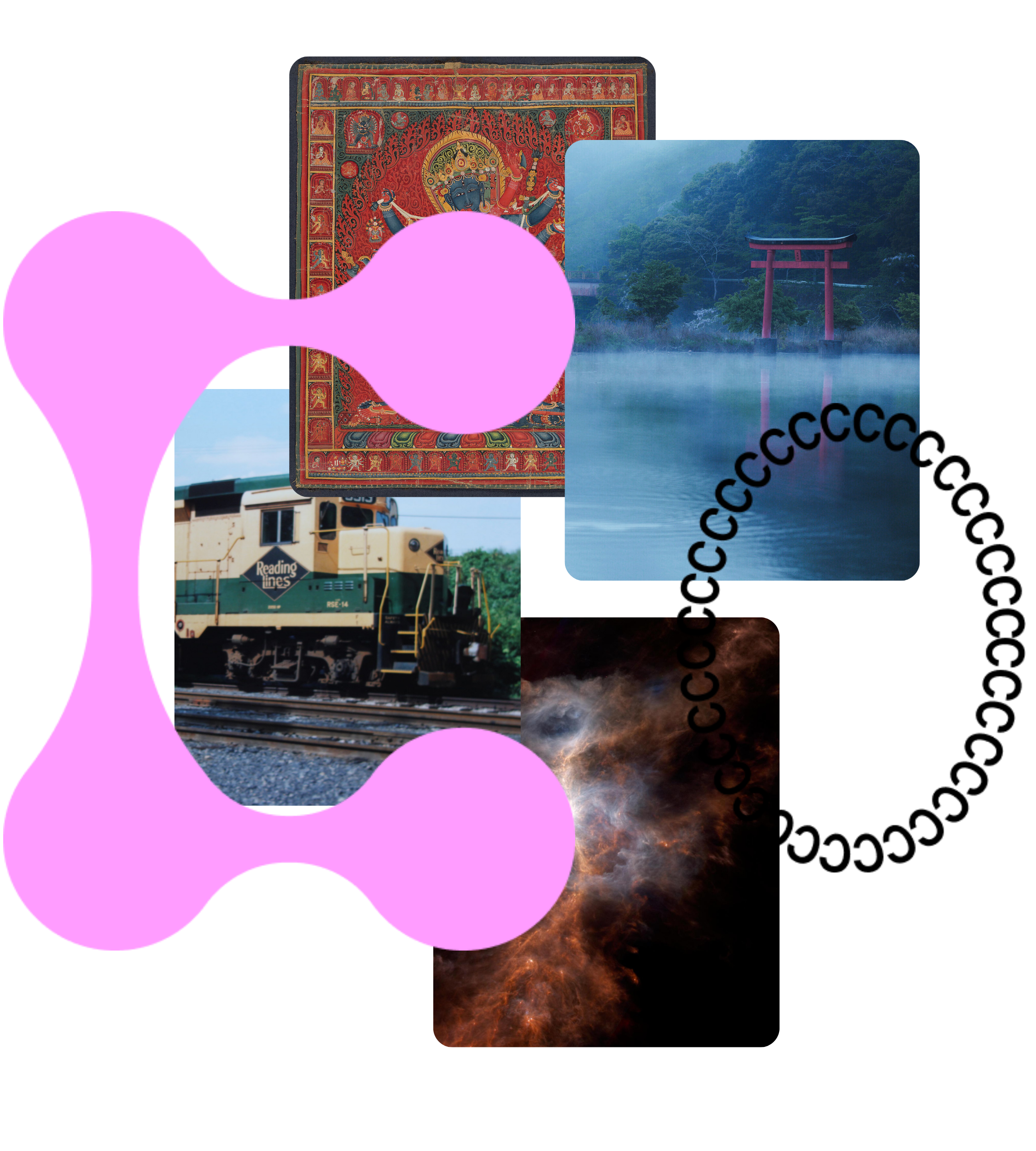 Four photos, one of a train, a painting of Chakrasamvara, Orion, and a torii gate over a misty lake, are layered with a large hot-pink C and an oval ring of black C's, as part of Creative Commons' visual brand.